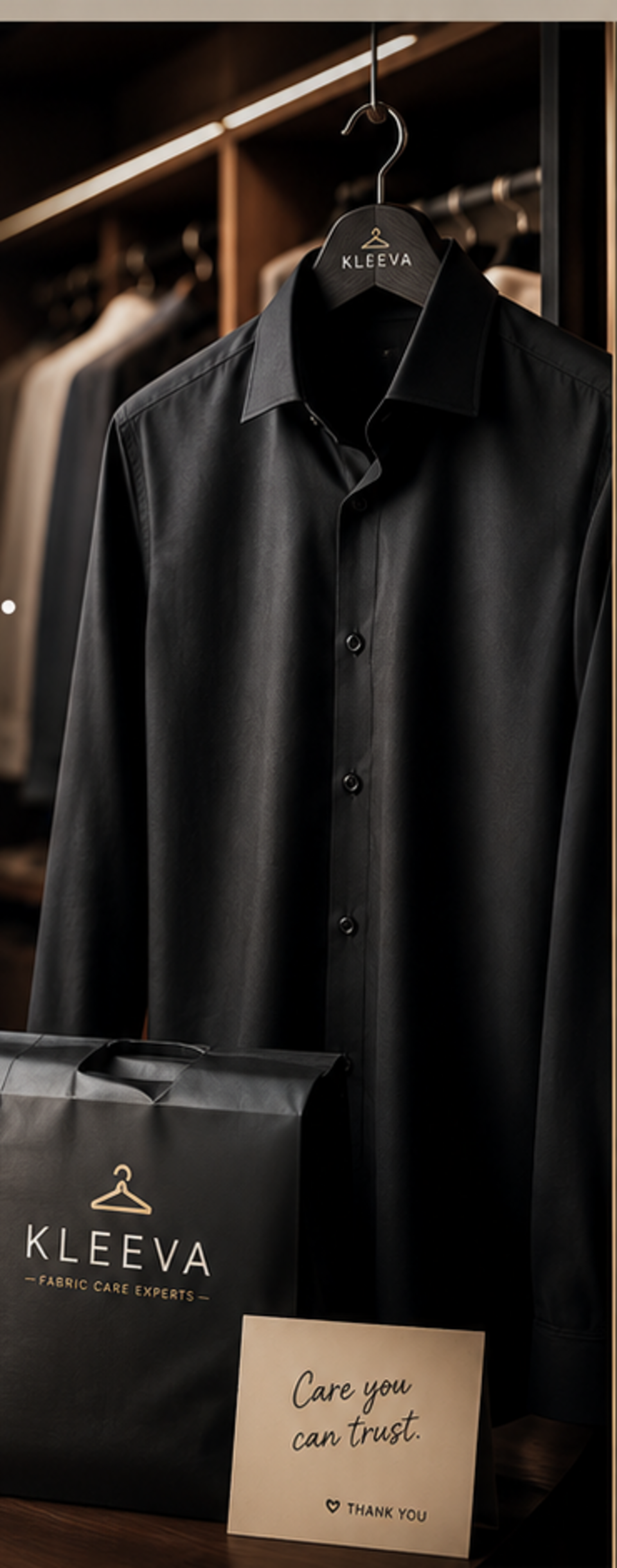 Black formal shirt and KLEEVA garment-care packaging in a wardrobe